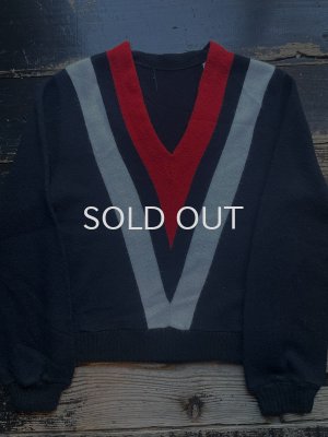 画像1: 1960s〜黒×赤白 Vネック アクリル ニット