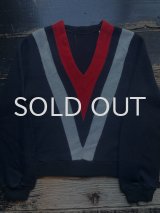 画像: 1960s〜黒×赤白 Vネック アクリル ニット
