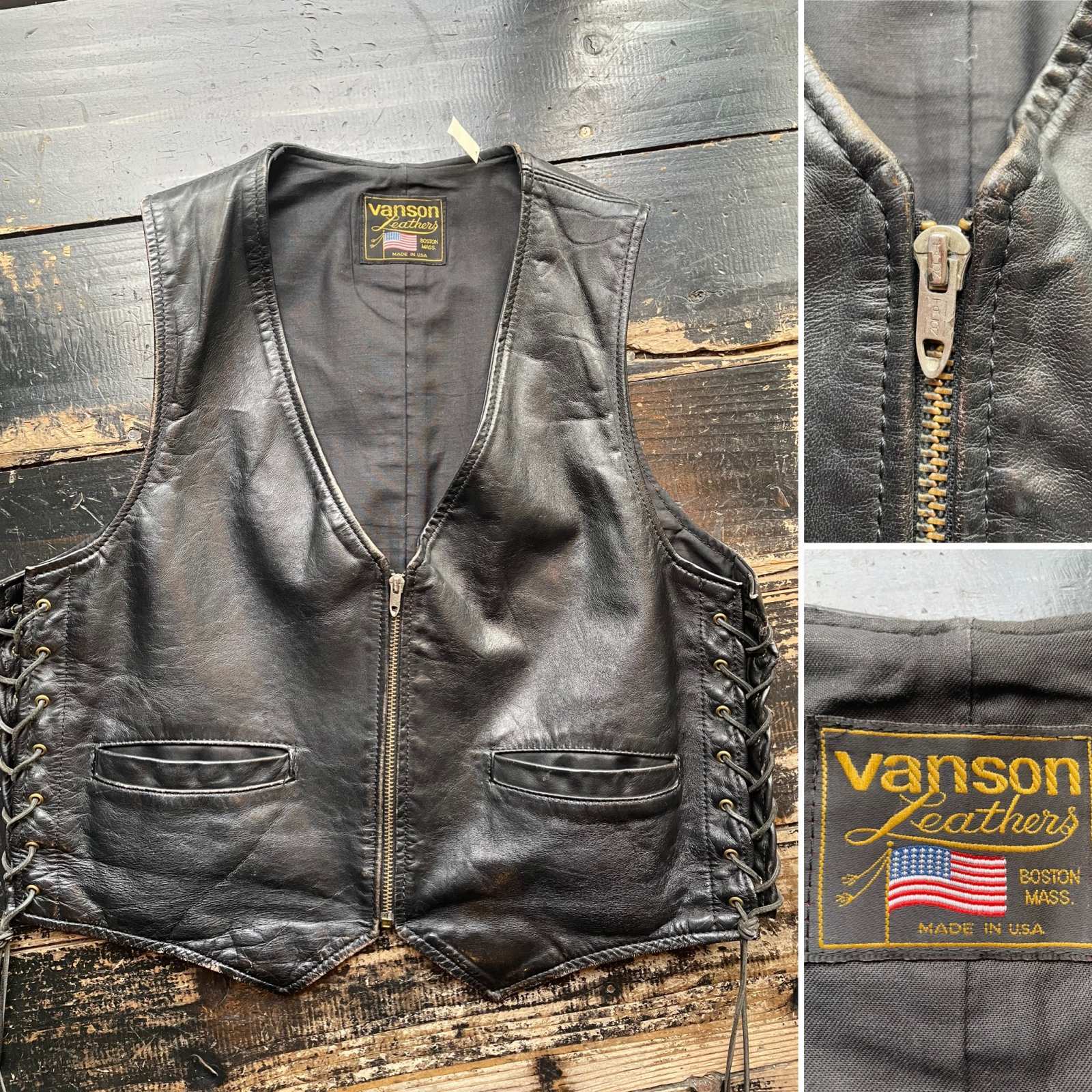 画像: 90s VANSON USA製 編み上げ ブラック レザーベスト