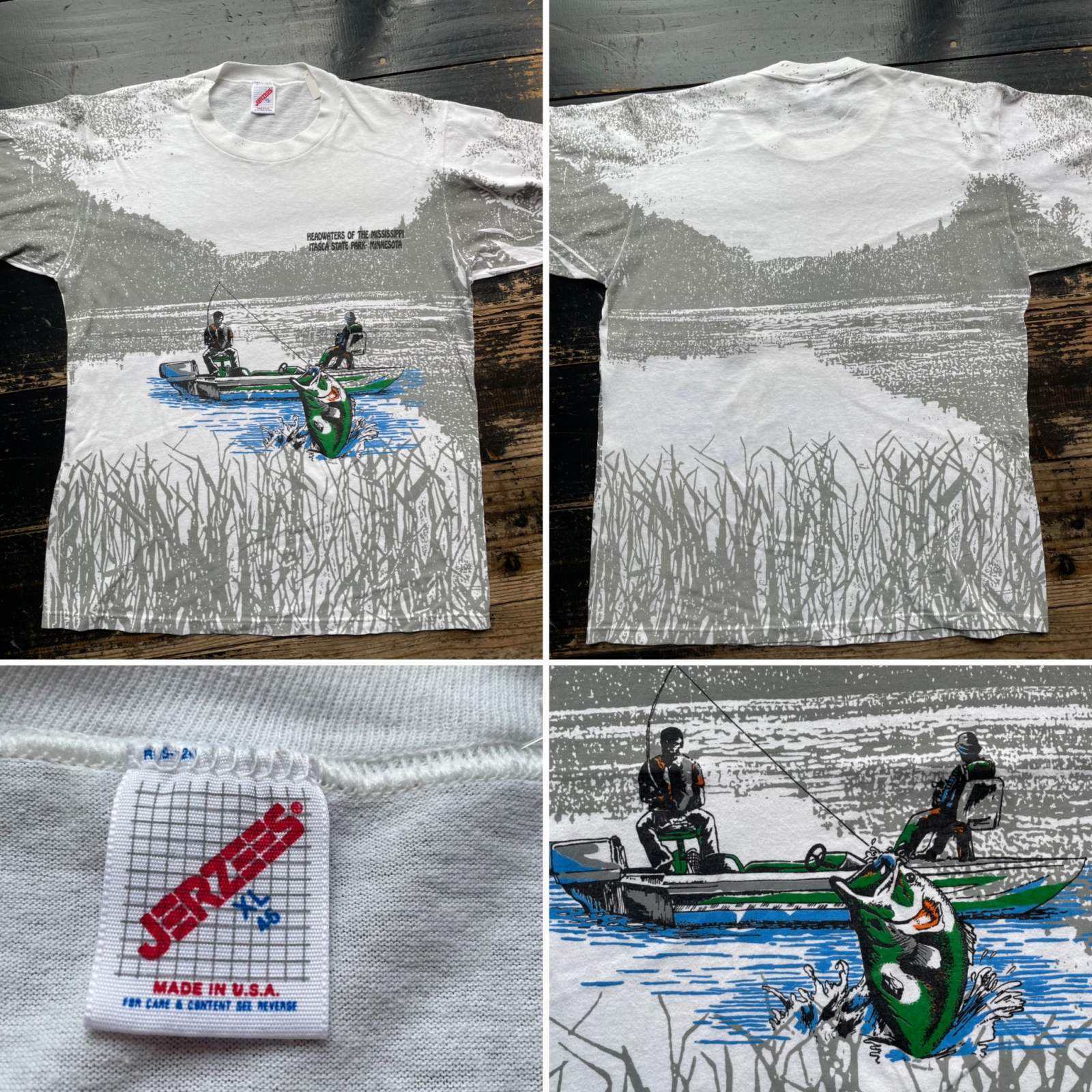 画像: 90s ブラックバス 釣り USA製 総柄 Tシャツ
